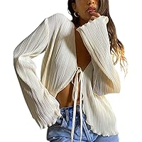 Women Bell Sleeve Tops Deep V Neck Tie Front Flare Sleeve Y2k